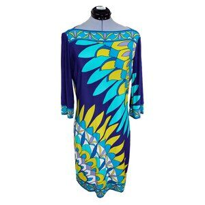 DONNA MORGAN VTG Sz 4 Blue Geometric Print Shift Dress Midi Stretch Mod Y2k